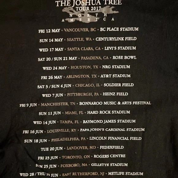 “RARE” NEW U2 The Joshua Tree Tour 2017 Black T-Shirt Med/Large - Picture 9 of 11